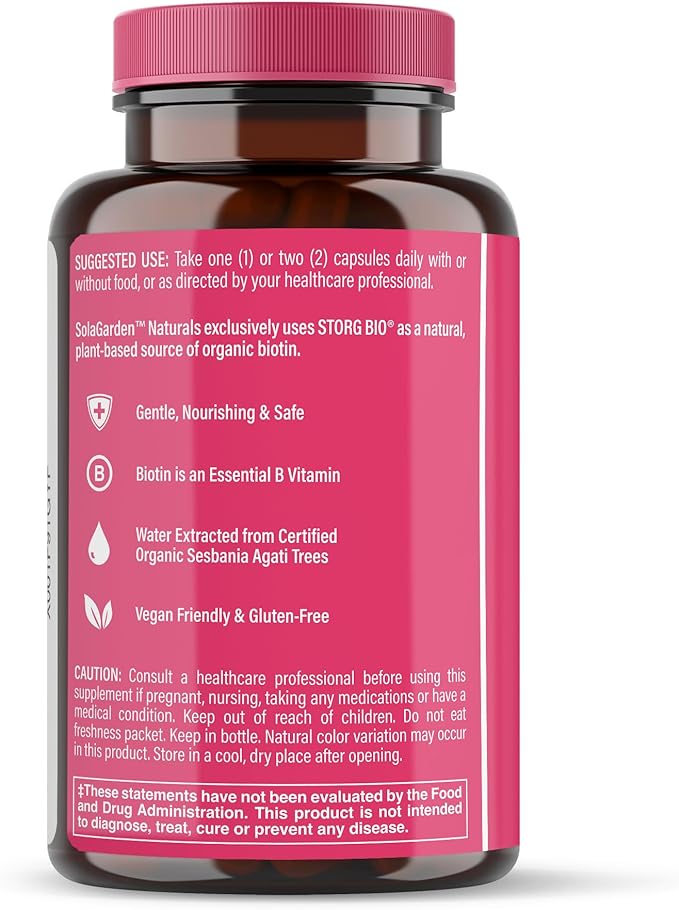 USDA Organic Whole Food Biotin Supplement, Made with Plant-Based Biotin from Sesbania Agati Trees, by SolaGarden Naturals, 60 Non-GMO Vegan Capsules, Supports Hair, Skin, and Nails, Made in USA