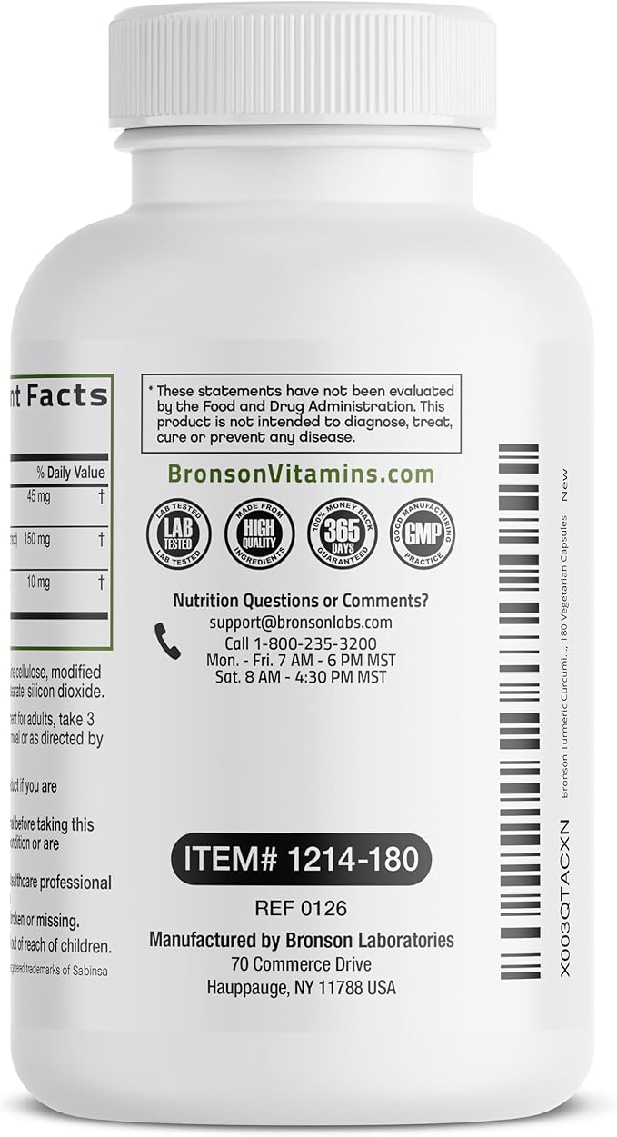 Bronson Turmeric Curcumin Extra Strength - Antioxidant, Joint & Digestion Support with BioPerine, Non-GMO, 180 Vegetarian Capsules