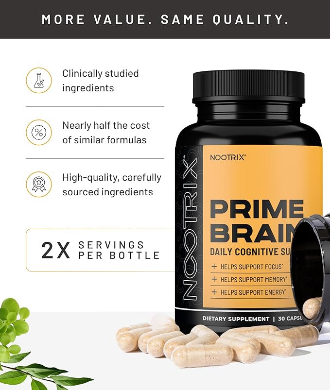 Nootrix Prime Brain Nootropic Supplement | Supports Memory, Mental Focus, Cognitive Health & Energy | Promotes Healthy Mood & Brain Function | Ginkgo Biloba, Lion's Mane & L Theanine | 60 Capsules