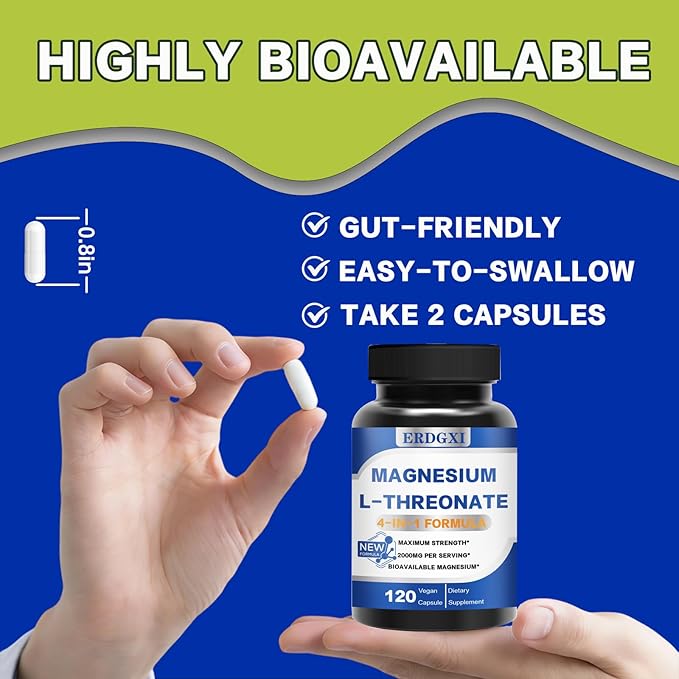 Magnesium L-threonate Supplement 2000mg,Magnesium Threonate with Vitamin C & Vitamin D3,High-Absorption,Max Potency,Support Clarity,Zzz &Immune,Non-GMO & Gluten Free,120 Capsules (Pack of 1)