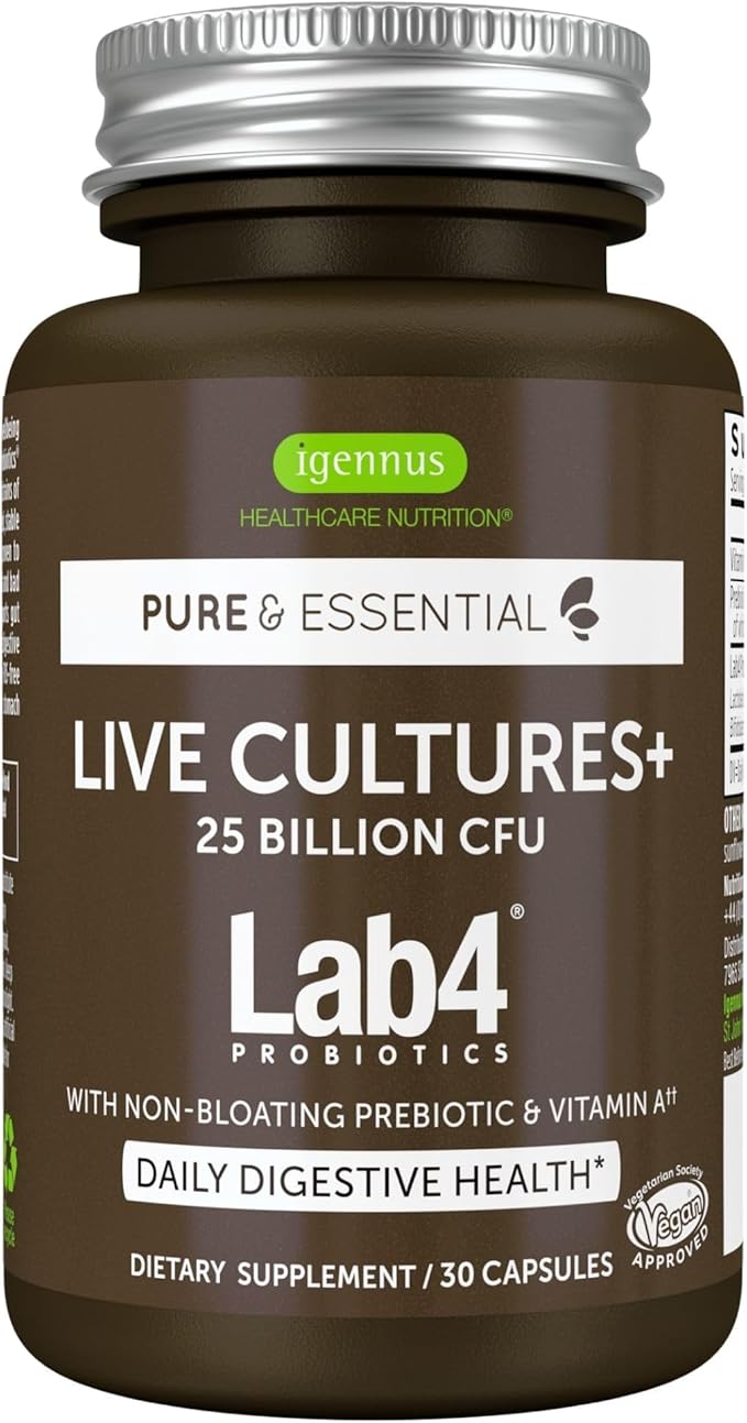 Igennus Probiotics & Prebiotic 2 in 1, Lactobacillus Acidophilus & Bifidobacterium, Gut Health Support, Live Cultures+ Lab4, Guaranteed 25 Billion CFU, Women & Men, Non-Bloating, Non-GMO, 30 Capsules