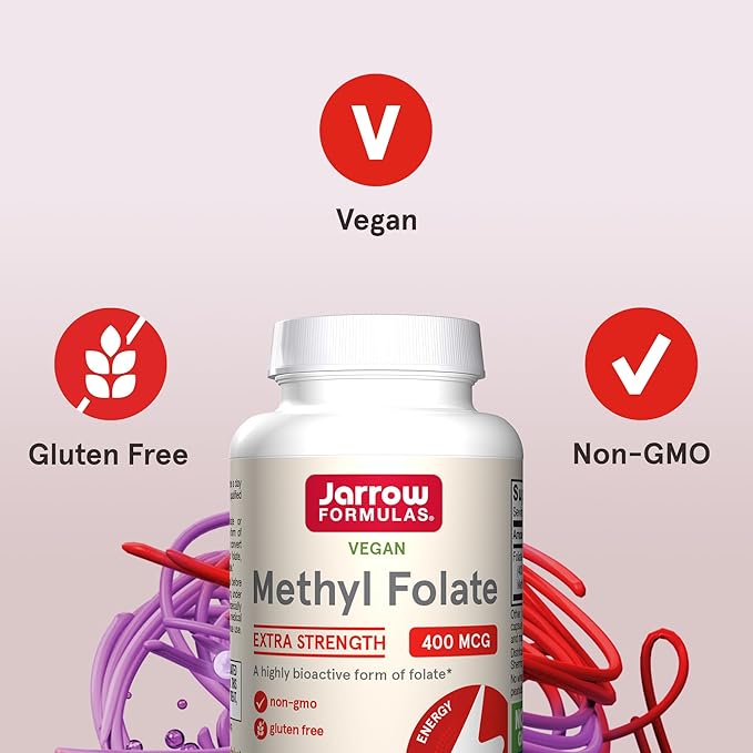 Jarrow Formulas Extra Strength Methyl Folate 400 mcg, Dietary Supplement for Cardiovascular and Neurologic Health Support, 60 Veggie Capsules, 60 Day Supply