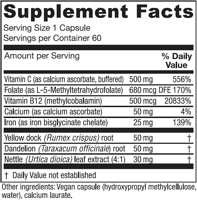 Vitanica Iron Extra, Iron Supplement Enhanced Absorption with Vitamin C 500mg, Methylfolate 400mcg, B12 Vitamin 500mcg, Calcium, Yellow Dock, Dandelion Root & Nettle Leaf Extract, Vegan, 60 Capsules