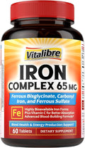 Iron Supplement, 3-in-1 65mg Iron Complex Ferrous Bisglycinate, Sulfate, Carbonyl Iron with Natural Vitamin C, Stomach Friendly Iron Pills for Blood Building, High Absorption, Non GMO, 60 Vegan Tabs