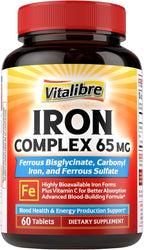 Iron Supplement, 3-in-1 65mg Iron Complex Ferrous Bisglycinate, Sulfate, Carbonyl Iron with Natural Vitamin C, Stomach Friendly Iron Pills for Blood Building, High Absorption, Non GMO, 60 Vegan Tabs