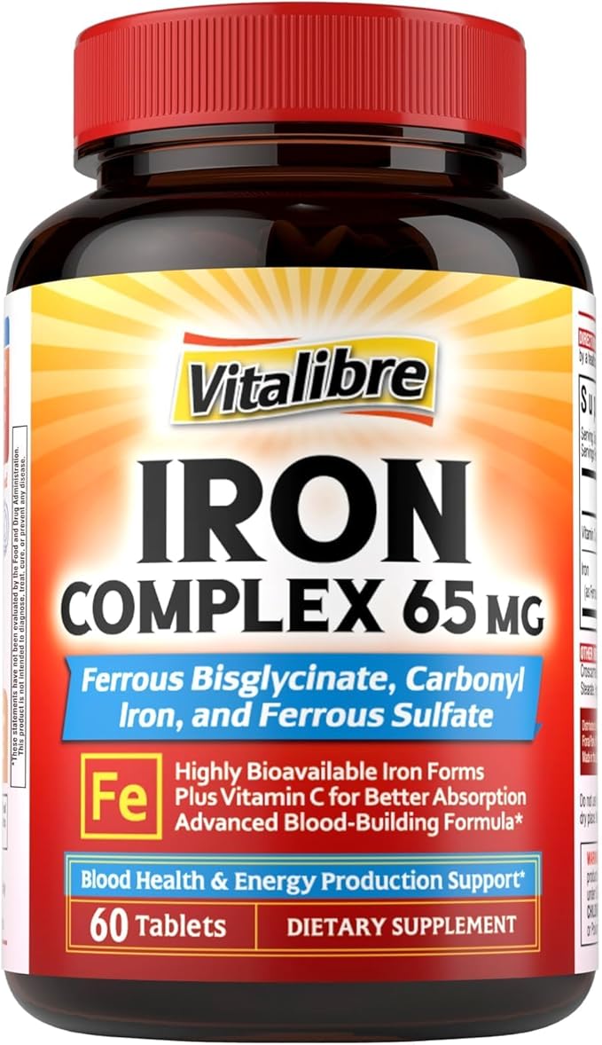 Iron Supplement, 3-in-1 65mg Iron Complex Ferrous Bisglycinate, Sulfate, Carbonyl Iron with Natural Vitamin C, Stomach Friendly Iron Pills for Blood Building, High Absorption, Non GMO, 60 Vegan Tabs