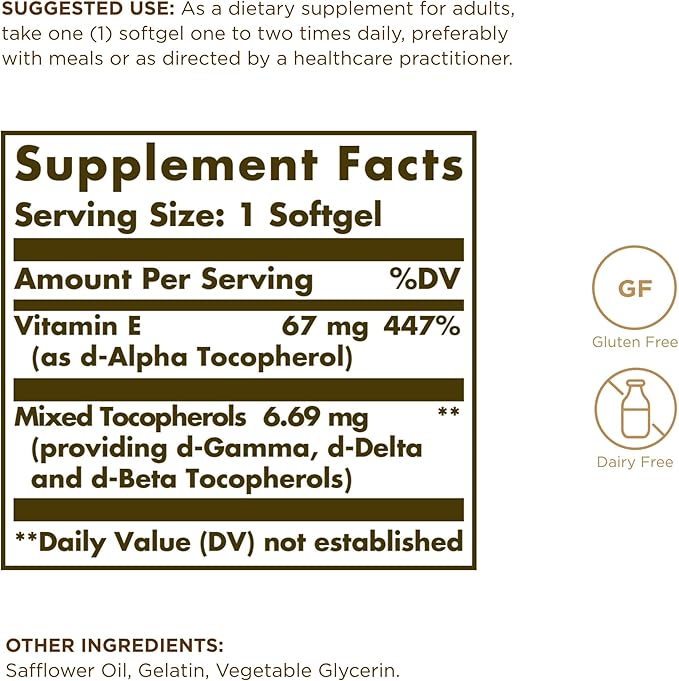 Solgar Vitamin E 67 mg (100 IU) - 100 Softgels, Pack of 2 - Antioxidant Support - Gluten & Dairy Free - 200 Total Servings