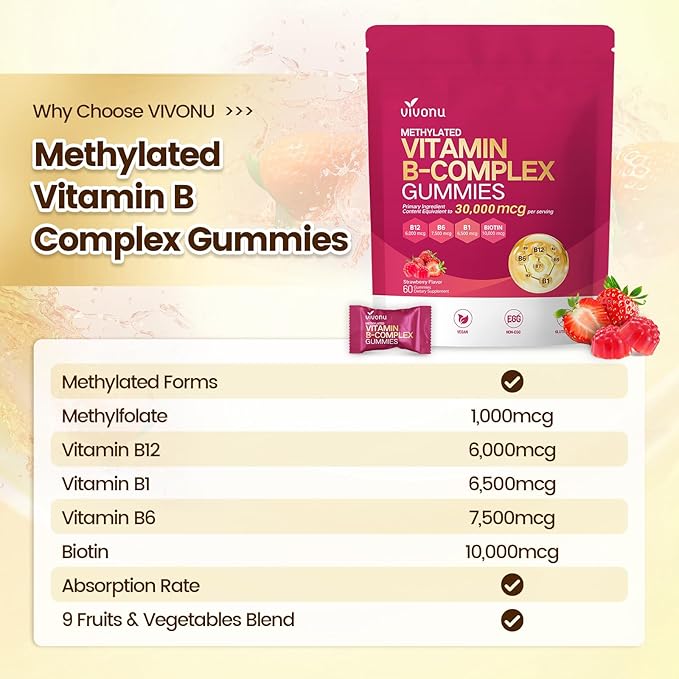 Vitamin B Complex Gummies, 6000 mcg Methylated Vitamin B12, with B6 B1, B2, B3, B5, B7, Methylfolate, Vitamins A C D E, Vegan, Non GMO, Methylated B Complex Vitamin - 60 Gummies