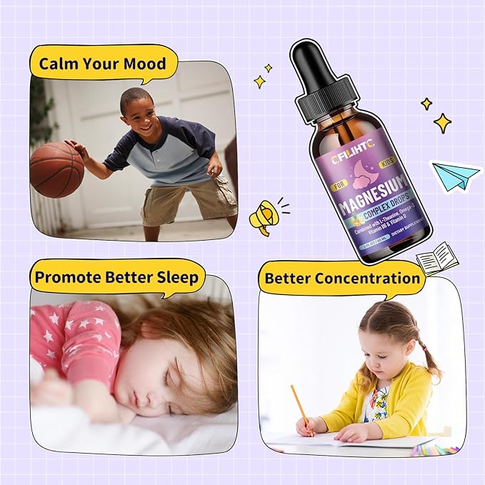 Kids Magnesium Liquid Drops-Magnesium Glycinate Liquid for Kids Supplement-w/L-theanine, Omega-3, Vitamin B6, D3 - for Sleep, Relaxation, Brain, Bones - Pineapple Flavor, 2 Fl Oz