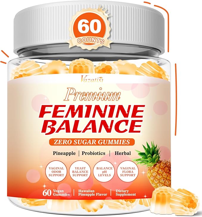 Sugar Free Feminine Balance Gummies for Women - Pineapple Gummies for Women PH Balance, Healthy Odor, Yeast Balance & Flora - Vegetarian Friendly - 60 Count