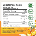 2 Pack Liquid Iron Supplement for Women, Men & Kids, Liquid Iron Drops with Folate, Vitamin C, B6, B12 for Anemia, Red Blood Cell, Energy Support, Pineapple Flavor