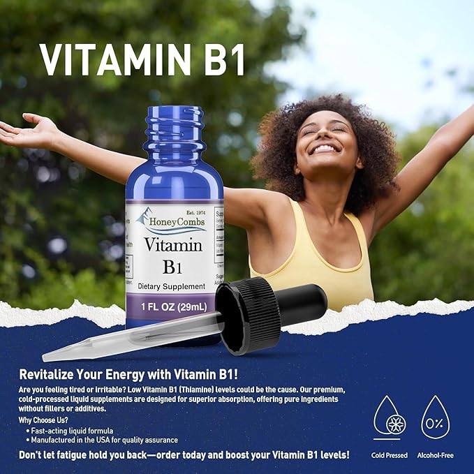 Vitamin B1 (Thiamine) Drops - High Potency Thiamine Vitamin B1 Extract - Vegan, Alcohol-Free Non-GMO Vitamin Liquid - Maintain Nervous System Health, Support Digestion & Boost Energy, 1 Fl Oz.