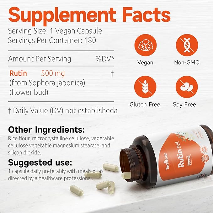 Rutin 500mg Supplement, Flavonoids Supplements from Sophora Japonica, Supports Vascular Health & Antioxidents, Non-GMO, Gluten-Free, Made in USA, 180 Vegan Capsules