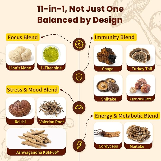 Mushroom Coffee - 11 in 1 Mushroom Blend with Lions Mane,Ashwagandha KSM-66 & L-Theanine Instant Mushrooms Coffee Packets for Energy, Focus & Digestion Sugar-Free 16 Servings Variety Pack