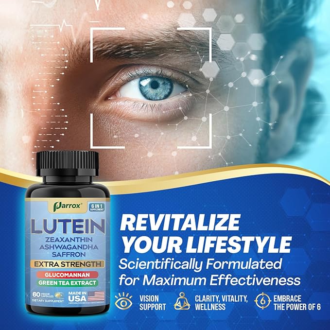 Lutein Supplement with Zeaxanthin, Ashwagandha, Saffron, Green Tea Extract, Glucomannan, Eye Vitamins for Adults, Vision Health Supplement, Plant-Based Formula for Daily Support (60 Caps)