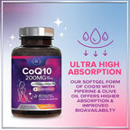 Coenzyme Q10 200mg per Serving Supplement - Ultra High Absorption, Antioxidant for Heart Health & Energy Production Support - CoQ10 (Ubiquinone) Co Q 10 Supplement & Vitamins 100mg Each - 120 Softgels