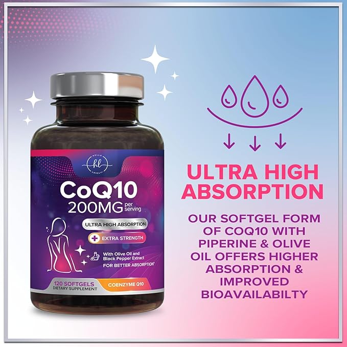 Coenzyme Q10 200mg per Serving Supplement - Ultra High Absorption, Antioxidant for Heart Health & Energy Production Support - CoQ10 (Ubiquinone) Co Q 10 Supplement & Vitamins 100mg Each - 120 Softgels