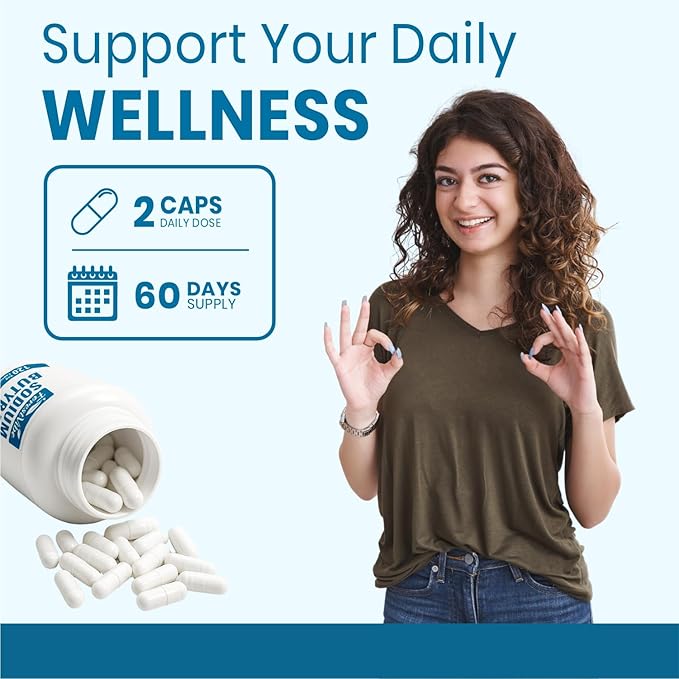 Sodium Butyrate Supplement 1200mg, Yielding 960mg Butyric Acid, 120 Vegan Capsules, 2 Month Supply, Non-GMO & Gluten Free Postbiotic Supplement