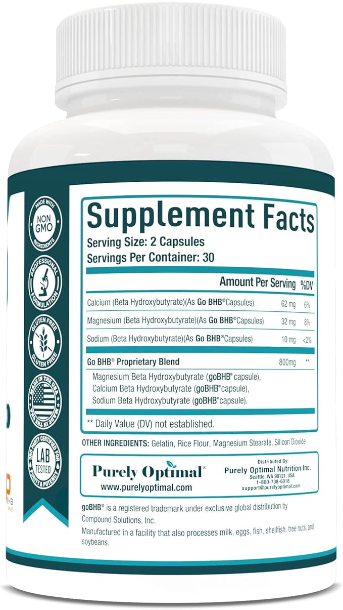 Purely Optimal Keto BHB Capsules – Exogenous Ketone Pills for Ketosis Support, Sustained Energy, Focus & Metabolism – for Women & Men, 60 Capsules
