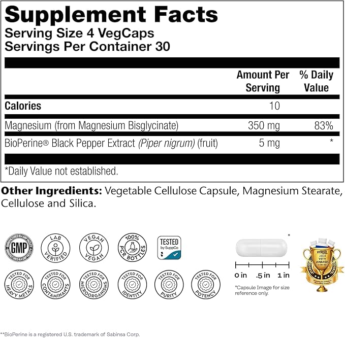 SOLARAY Magnesium Glycinate Capsules, Chelated Magnesium Bisglycinate w/BioPerine, Higher Absorption Magnesium Supplement - Bones, Muscles, Heart Support, Vegan (30 Servings, 120 VegCaps)