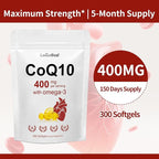 CoQ10 400mg with Omega 3 Fatty Acids, 300 Softgel | Stable High Absorption Form – Antioxidant Support for Heart & Energy Health – Extra Strength Coenzyme Q10 Supplement