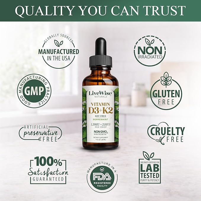 Vitamin D3 K2 (MK-7) Peppermint Drops for Adults - 930 Drops, Ultra Concentrated Formulation, 1208 IU Vitamin D3, 25 MCG - Precision Micro-Dosing Dropper for Calcium & Bone Support
