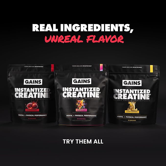 Gains in Bulk Instantized Creatine Monohydrate for Men & Women, Soluble Pre Workout Powder, Supports Muscle Building, Strength and Performance, Bodybuilding Supplements, Sour Raspberry, 30 Servings