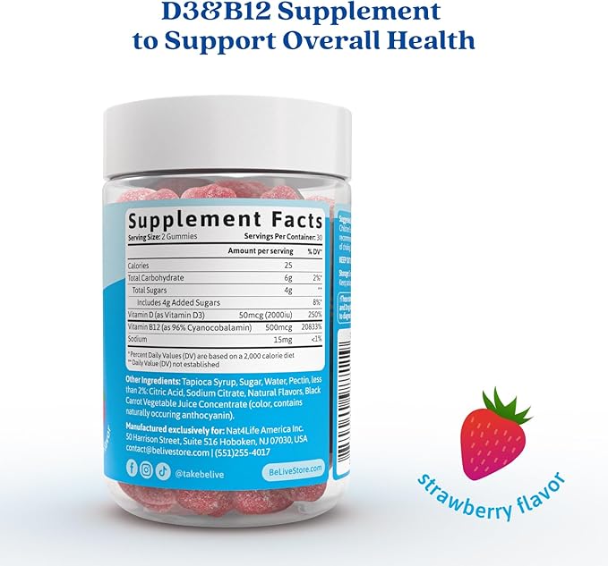 BeLive Vitamin D3 Gummies with B12 Vitamins - Immune Support Gummies with Vegan Vitamin B12 & D3, Provides Enhanced Bone & Muscle Strength, Hearth Health and Energy - Strawberry Flavor | 3-Pack