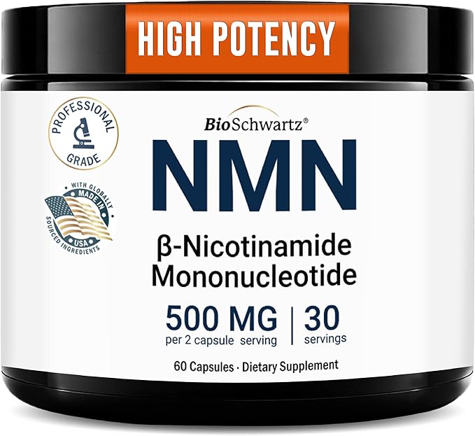BioSchwartz NMN Supplement - 500mg Nicotinamide Mononucleotide - 30 Servings, 60 Capsules - Made in The USA with Premium Globally Sourced Ingredients, Third-Party Tested, Gluten-Free NMN Supplement