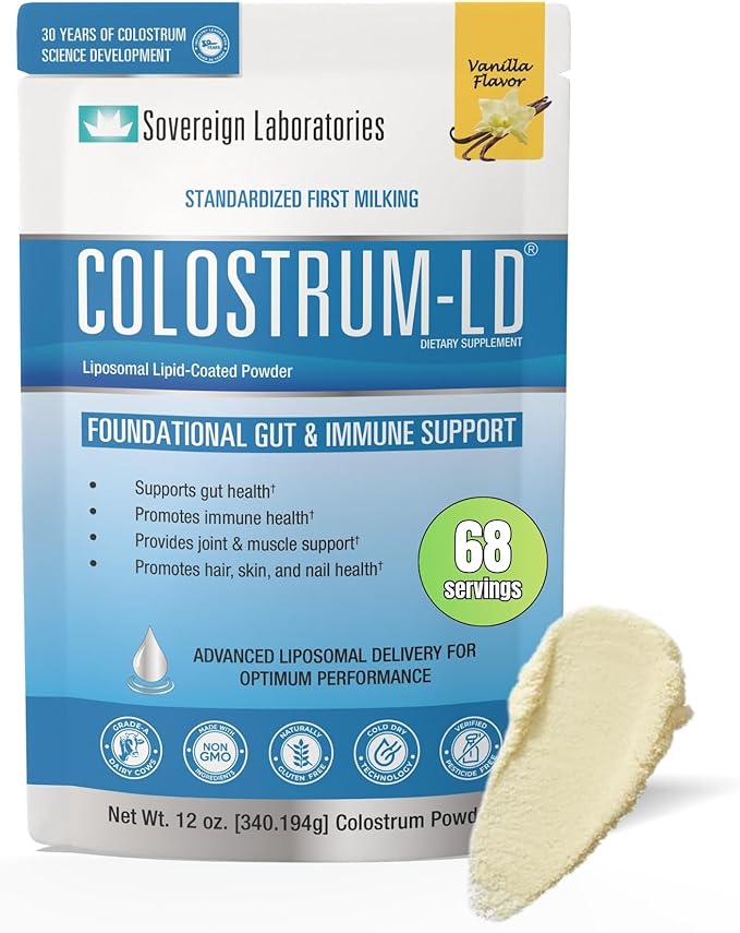 Colostrum-LD Liposomal Delivery - Colostrum Powder - Gluten-Free, Lactose-Reduced - 68 Servings - Sovereign Laboratories - 12oz Vanilla
