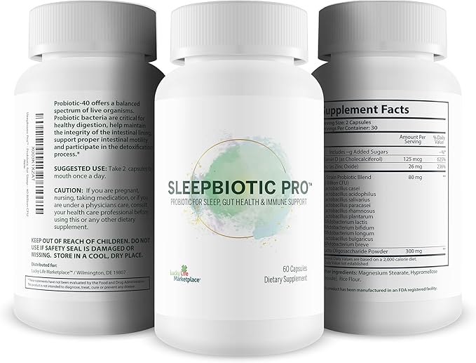 Sleepbiotic Pro - Multi-Strain Probiotic Sleep Support - Aid Gut Health & Immune Support - Promote Relaxation & Sleep Quality with Premium Probiotics - Lactobacillus & Bifidobacterium - 40 Billion CFU