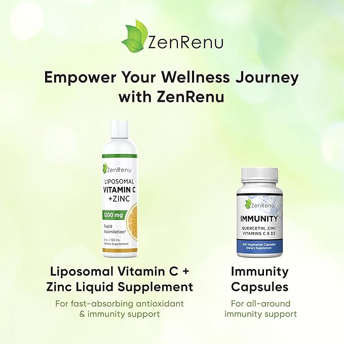Zenrenu Liposomal Vitamin C and Zinc Liquid Drink for Adults & Kids - Non GMO Sunflower Lecithin - Max Antioxidant & Immune Support, 5 oz / 150 ml