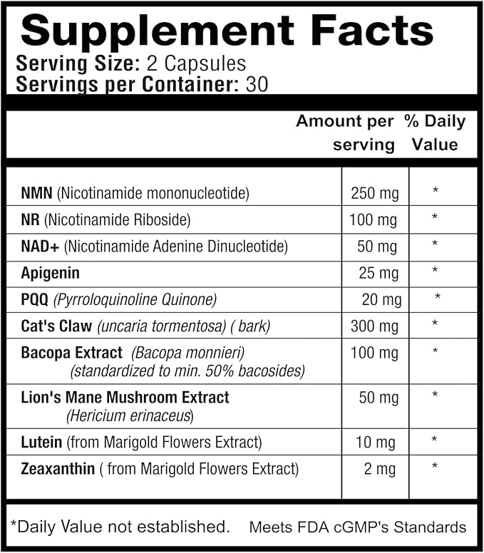 1LifeScience Cognition & Vision Support Supplement – NMN, Lion’s Mane, Cat’s Claw, Apigenin, PQQ & Lutein – NAD+ Support Formula – cGMP Made in USA – 60 Caps