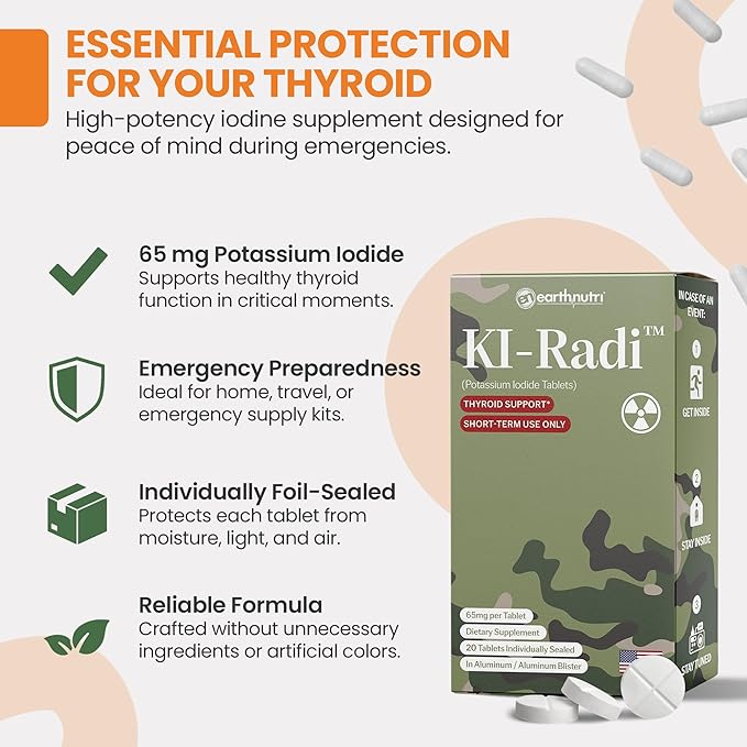 EarthNutri KI-Radi™ Potassium Iodide KI Tablets 65 mg – High Potency Iodine for Thyroid Support, Emergency Preparedness – Potassium Supplement in Foil-Foil Blister – 40 Tablets (2 Pack of 20)