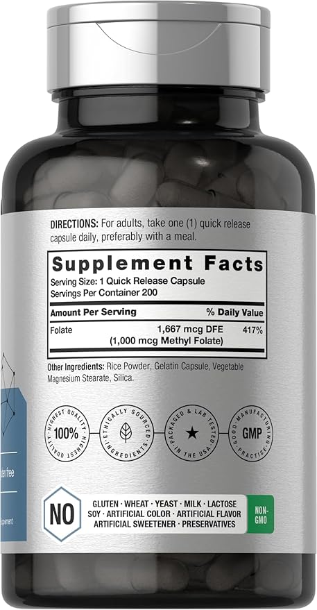 Horbäach Methyl Folate Supplement | 1000 mcg | 200 Capsules | 5-MTHF | Folic Acid | Non-GMO, Gluten Free Methylfolate