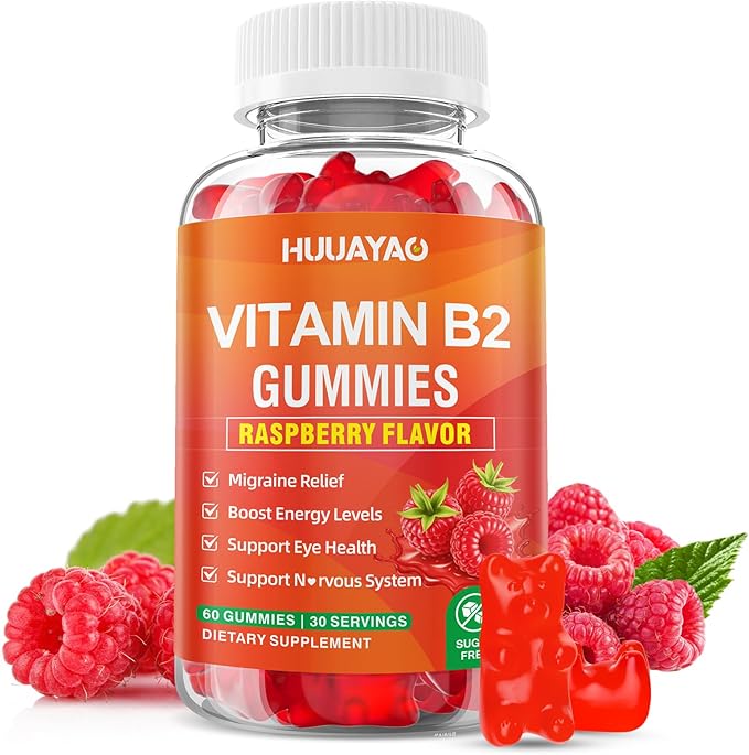 Vitamin B2 Gummies, Riboflavin Supplement with Magnesium for Kids & Adults, B2 Gummies for Migraine Relief & Nervous System Support, Vegan, Sugar-Free, Raspberry Flavor, 60 Count