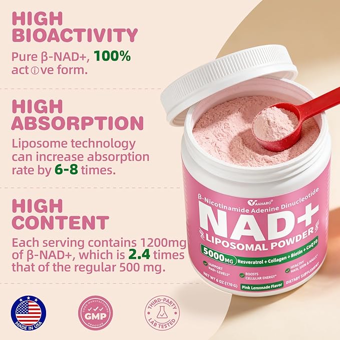 NAD Supplements for Women 5000mg, Liposomal NAD+ Powder with Resveratrol, Collagen Peptides, Biotin, CoQ10 & TMG for Healthy Aging, Cellular Energy, Hair Skin & Nails, Pink Lemonade Mix, 34 Servings