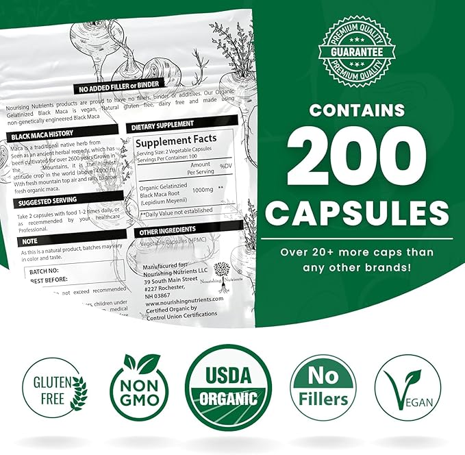 Organic Gelatinized Black Maca 3X Stronger 200 Capsules for Men & Women, Natural Energy Supplement for Focus, Performance, Stamina & Endurance, Mood Enhancement & Stability, Mental Clarity 1000mg x 2