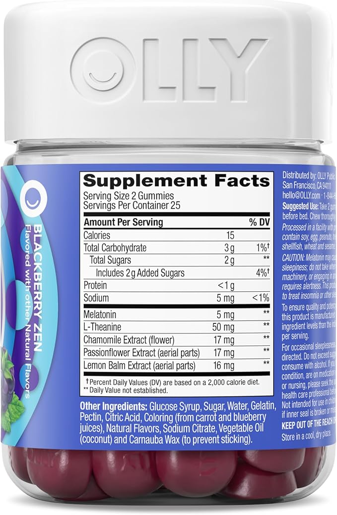 OLLY Extra Strength Sleep Gummy, 5 mg Melatonin, L-Theanine, Chamomile, Lemon Balm, Sleep Aid, BlackBerry - 50 Count