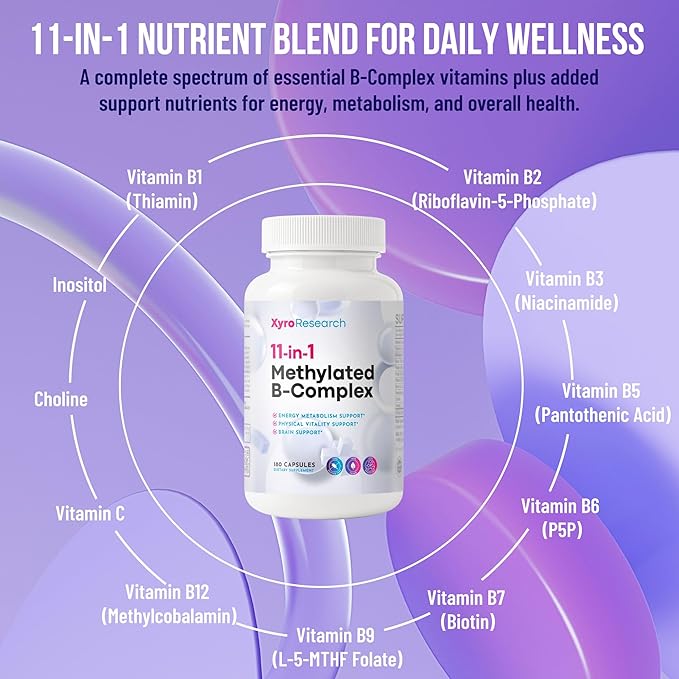 Methylated B-Complex Vitamins - Complete Bioactive Methyl B-Vitamins B12 B6 B9 5-MTHF for Energy Heart Brain & Methylation - Women Men Bio Active Nutrients MTHFR Multivitamins Support