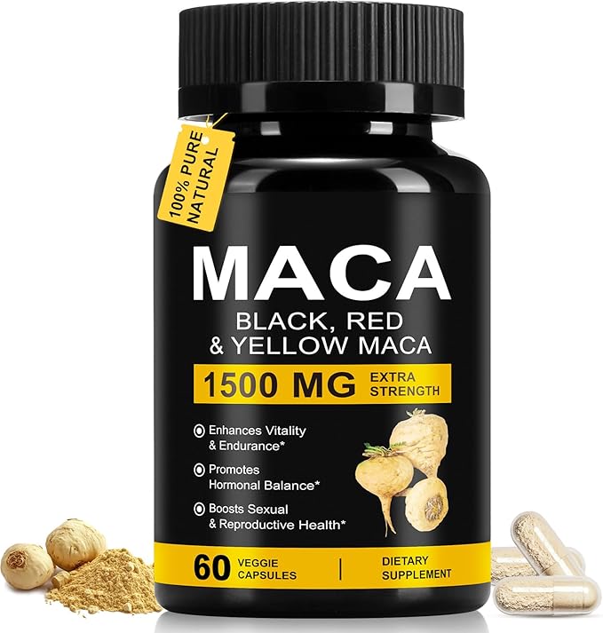 Organic Maca Root Powder Capsules 1500 mg with Black + Red + Yellow Peruvian Maca Root Extract Supplement for Men and Women - 60 Vegan Capsules