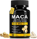 Organic Maca Root Powder Capsules 1500 mg with Black + Red + Yellow Peruvian Maca Root Extract Supplement for Men and Women - 60 Vegan Capsules
