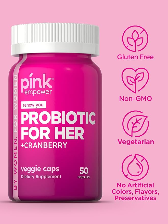 PINK Probiotics for Women | Digestive Health Support Capsules Plus Cranberry | 50 Count | Vegetarian, Non-GMO & Gluten Free Supplement