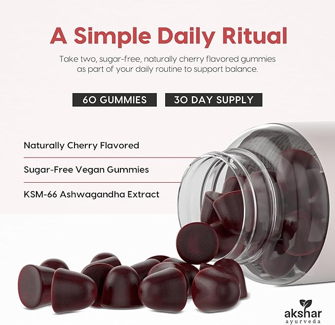 AKSHAR Ayurveda Ashwagandha KSM-66 Gummies, Organic Ashwagandha Supplements for Focus, Increase Energy & Strength, Chicory Root Fiber & Natural Cherry Flavor (60 Count (Pack of 2))