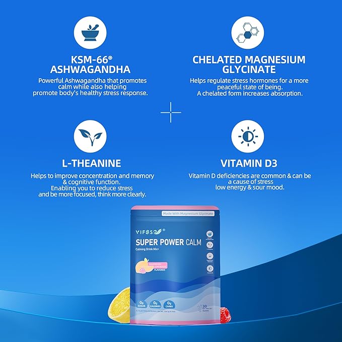 Super Power Calming Powdered Drink Mix, Raspberry Lemonade 30 Packets, L-Theanine, Ksm-66 Ashwagandha, Magnesium Glycinate, Vitamin D3 Supplements, Sugar-Free, Non-GMO for Relax & Focus