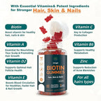 Premium Biotin Gummies with Multivitamins for Stronger Hair, Skin & Nails Raspberry Flavor Vegan Vitamin B7 Men and Women Formula - 60 Vegan Chews (30-Day Supply)‌