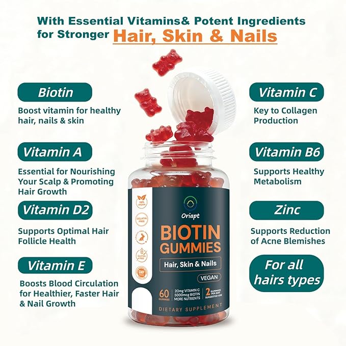 Premium Biotin Gummies with Multivitamins for Stronger Hair, Skin & Nails Raspberry Flavor Vegan Vitamin B7 Men and Women Formula - 60 Vegan Chews (30-Day Supply)‌