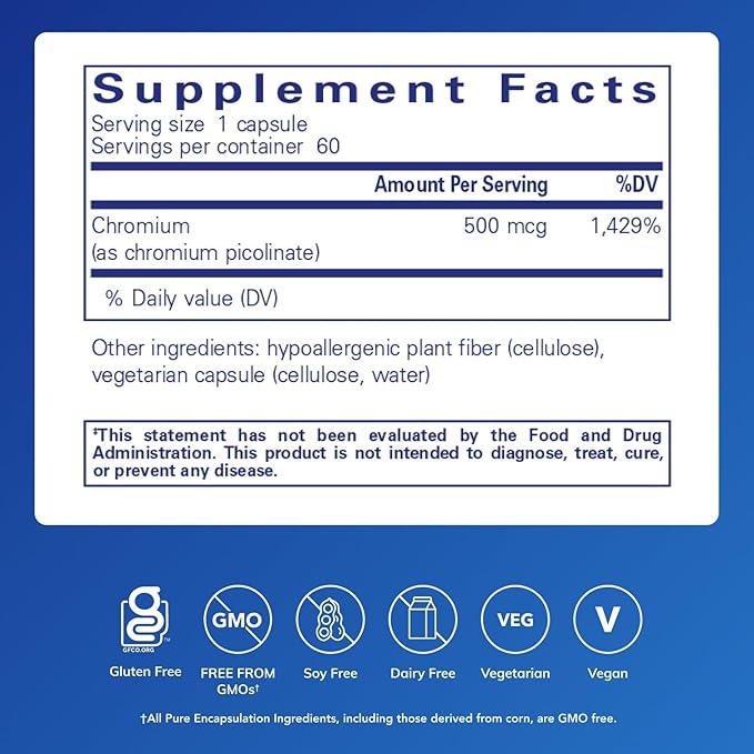 Pure Encapsulations Chromium (Picolinate) 500 mcg - for Lipid & Carbohydrate Metabolism* - Mineral Supplement - Superior Absorption Chromium Supplement - Vegan & Gluten Free - 60 Capsules