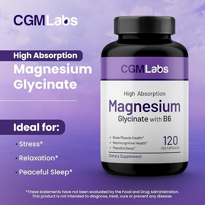 CGM Labs Magnesium Glycinate with Vitamin B6, 240mg Elemental Magnesium & 25mg B6, High Absorption for Sleep Support, Calm & Muscle Relaxation, Gentle on Stomach, Non-GMO, Gluten Free, 120 Capsules