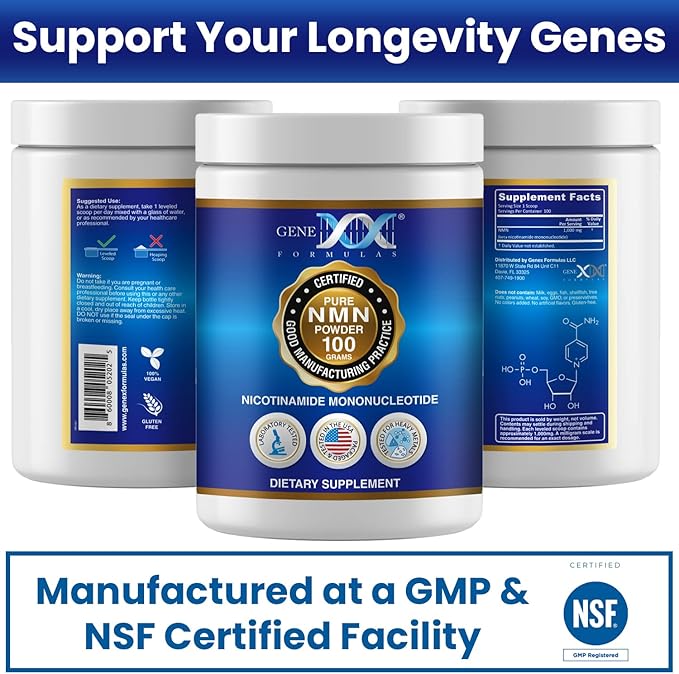 Genex Formulas Pure NMN Powder 100 Grams, Instant Dissolve, Shelf Stable, Non-Synthetic, PVP Free, Ultra-Low Density, 99.9% Pure NMN, Made in a US-Based, GMP, NSF & FSSC 22000 Certified Facility